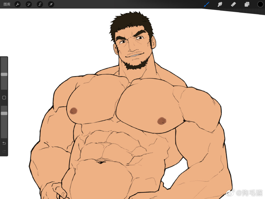 1boy abs art_program_in_frame bara facial_hair goatee hands_on_own_hips large_pectorals male_focus mature_male muscular muscular_male mustache_stubble navel nipples nude original pectorals short_hair smirk solo stomach stubble tekkowang thick_eyebrows unfinished upper_body