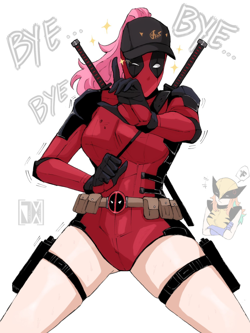 baseball_cap bodysuit cosplay deadpool deadpool_&_wolverine deadpool_(series) gloves gradient_hair green_hair hat highres jasper_xandros marvel mask mori_calliope multicolored_hair orange_hair pink_hair red_bodysuit red_mask superhero_costume sword sword_on_back takanashi_kiara two-tone_bodysuit weapon weapon_on_back wolverine_(x-men) wolverine_(x-men)_(cosplay) x-men yellow_bodysuit