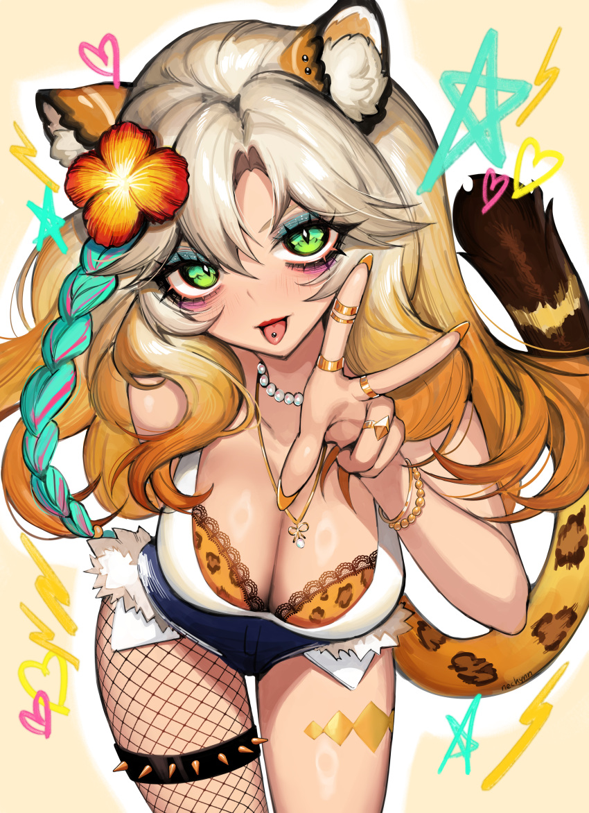 :p absurdres animal_ears aqua_hair bare_shoulders bead_choker blonde_hair braid breasts cleavage commentary cowboy_shot dark_skin english_commentary eyelashes eyeshadow female fishnet_pantyhose fishnets genshin_impact green_eyes gyaru hand_up head_tilt highres jaguar_ears jaguar_tail large_breasts leaning_forward long_hair looking_at_viewer makeup multicolored_hair nechynn pantyhose piercing shirt single_leg_pantyhose sleeveless sleeveless_shirt smile solo standing tail thigh_strap thighs tongue tongue_out tongue_piercing white_shirt xilonen_(genshin_impact)