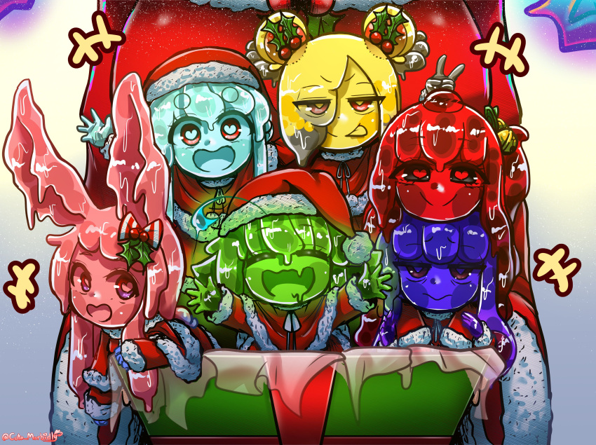 absurd_res addy_(morbidlycutecrunch) animal_humanoid benni_(morbidlycutecrunch) blue_body chiyo_(morbidlycutecrunch) christmas christmas_clothing christmas_headwear clothing costume female goo_creature goo_humanoid green_body group hair happy hat head_out_of_frame headgear headwear heart_eyes heart_symbol hi_res holidays human humanoid ichika_(morbidlycutecrunch) lagomorph lagomorph_humanoid leporid_humanoid long_hair looking_at_viewer male mammal mammal_humanoid morbidlycutecrunch pink_body purple_body rabbit_humanoid red_body rena_(morbidlycutecrunch) santa_claus santa_costume santa_hat shizu_(morbidlycutecrunch) smile snow yellow_body