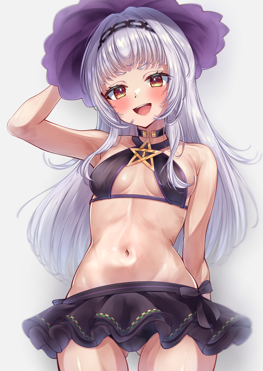 absurdres arm_up bikini bikini_skirt black_choker blush breasts choker female grey_hair hat highres hololive long_hair looking_at_viewer medium_breasts murasaki_shion murasaki_shion_(hololive_summer_2019) navel nyarurato0debu official_alternate_costume orange_eyes purple_bikini purple_hat purple_skirt skirt smile solo swimsuit teeth upper_teeth_only virtual_youtuber witch_hat