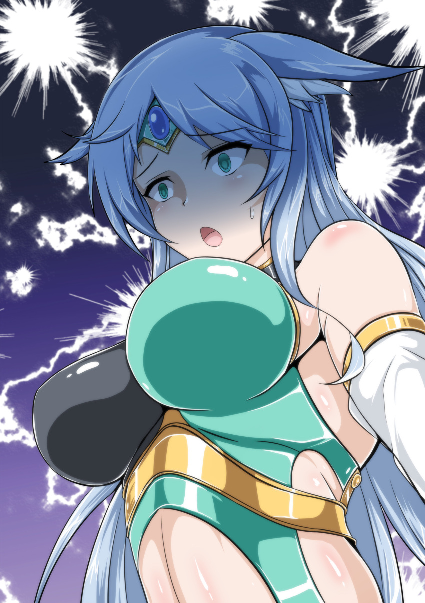 absurdres animal_ear_fluff animal_ears apollousa_bow_of_the_goddess blue_hair breasts duel_monster female gloves green_eyes highres large_breasts long_hair midriff navel sangyou_haikibutsu_a shaded_face solo very_long_hair yu-gi-oh!