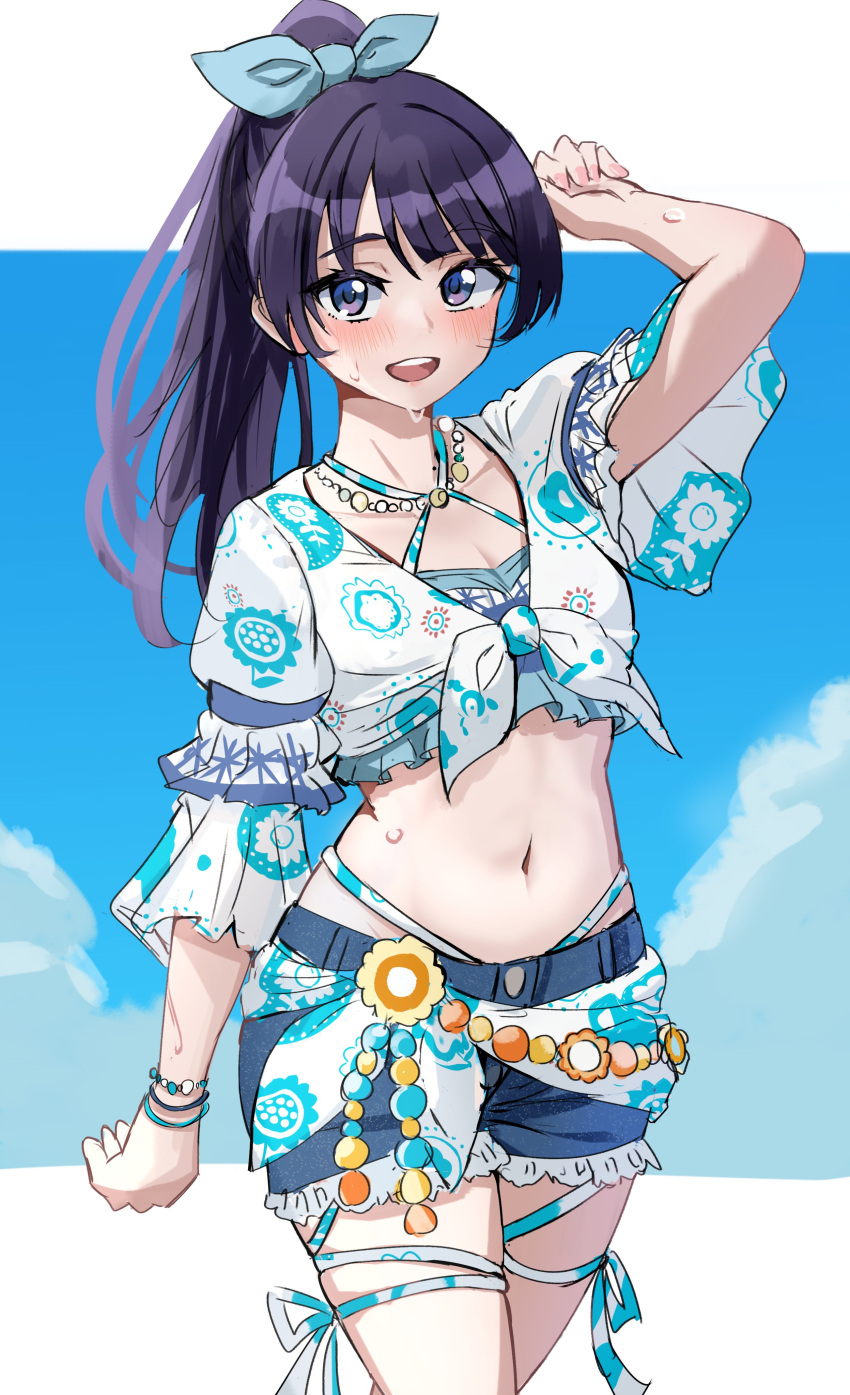 :d absurdres arm_at_side arm_up blue_bow blue_eyes blue_hair blue_shorts blue_sky bow breasts cleavage cloud collarbone commentary cowboy_shot cropped_shirt dark_blue_hair denim denim_shorts ereka female hairbow high_ponytail highres letterboxed link!_like!_love_live! long_hair looking_at_viewer love_live! medium_breasts midriff mole mole_on_neck murano_sayaka natsumeki_pain navel official_alternate_costume official_alternate_hairstyle open_mouth outside_border ponytail shirt short_shorts shorts sky sleeves_past_elbows smile solo teeth upper_teeth_only virtual_youtuber wet white_shirt