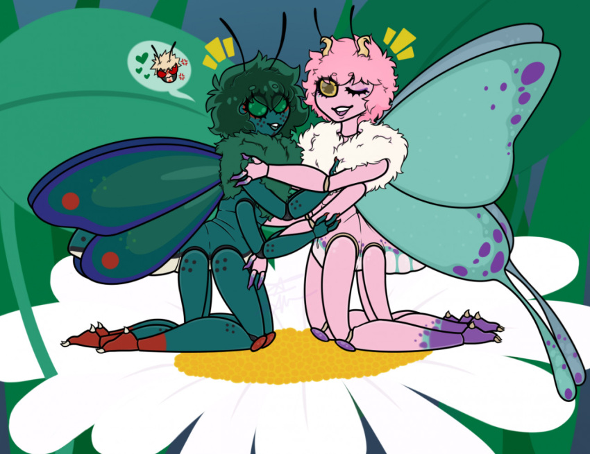 2021 4_arms 4_legs alternate_species arthropod ashido_mina awkwarddarknerd blue_wings digital_drawing_(artwork) digital_media_(artwork) duo english_description female freckles green_body green_eyes green_hair green_scales green_skin green_wings hair holding_each_other horn humanoid insect_wings insects izuku_midoriya katsuki_bakugou lepidopteran male moth multi_arm multi_limb my_hero_academia one_eye_closed open_mouth pink_body pink_hair pink_skin scales speech_bubble white_body white_scales wings wink yellow_eyes yellow_horn