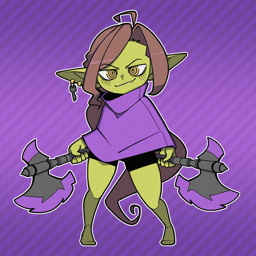 1:1 2023 5_fingers absurd_res axe barefoot battle_axe big_ears brown_hair clothing digital_drawing_(artwork) digital_media_(artwork) dual_wielding ear_piercing ear_ring feet femboy fingers front_view full-length_portrait goblin gramdraw green_body green_ears green_skin hair hi_res holding_axe holding_battle_axe holding_melee_weapon holding_object holding_weapon humanoid humanoid_pointy_ears key long_ears long_hair male male_humanoid melee_weapon mouth_closed pattern_background piercing poncho portrait purple_background purple_clothing purple_poncho purple_topwear ring_piercing ringed_eyes simple_background smile snaggle_tooth standing striped_background tootsie_(baazycolors) topwear weapon yellow_eyes