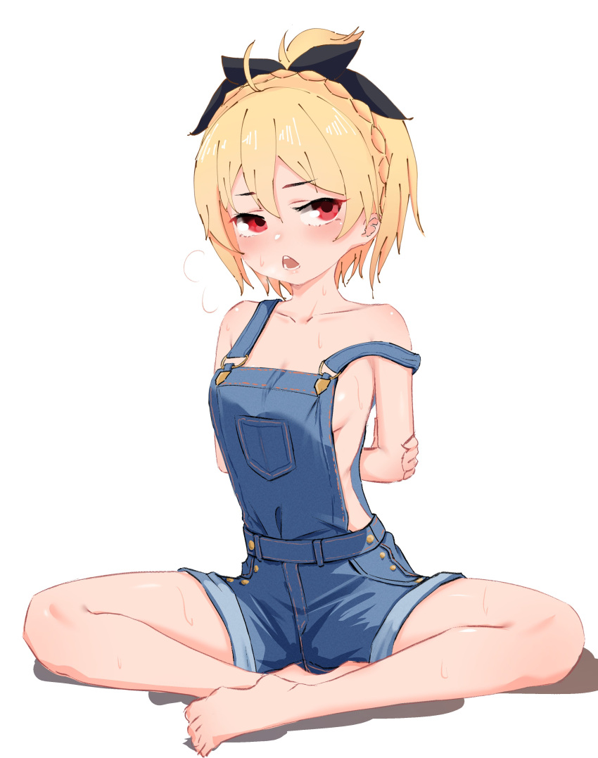 absurdres alternate_costume arms_behind_back babywipes barefoot black_bow blonde_hair blue_overalls blush bow braid breasts commentary commission english_commentary feet felt_(re:zero) female full_body hairbow heavy_breathing highres holding_own_arm looking_to_the_side naked_overalls open_mouth overalls re:zero_kara_hajimeru_isekai_seikatsu red_eyes rem_(re:zero) ribbon short_hair sideboob simple_background sitting small_breasts strap_slip suspenders sweat thighs toes white_background