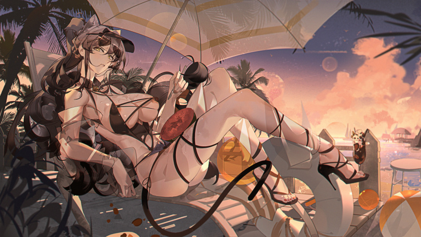 absurdres alternate_costume animal_ears arknights ball beach_umbrella beachball bikini black_bikini black_footwear black_hair breasts cat_ears cat_girl cat_tail commentary_request extra_ears eyewear_on_head female full_body grey_hair high_heels highres holding holding_spoon krao large_breasts long_hair looking_at_viewer outdoors palm_tree schwarz_(arknights) solo spoon sunglasses swimsuit tail tree umbrella visor_cap yellow_eyes