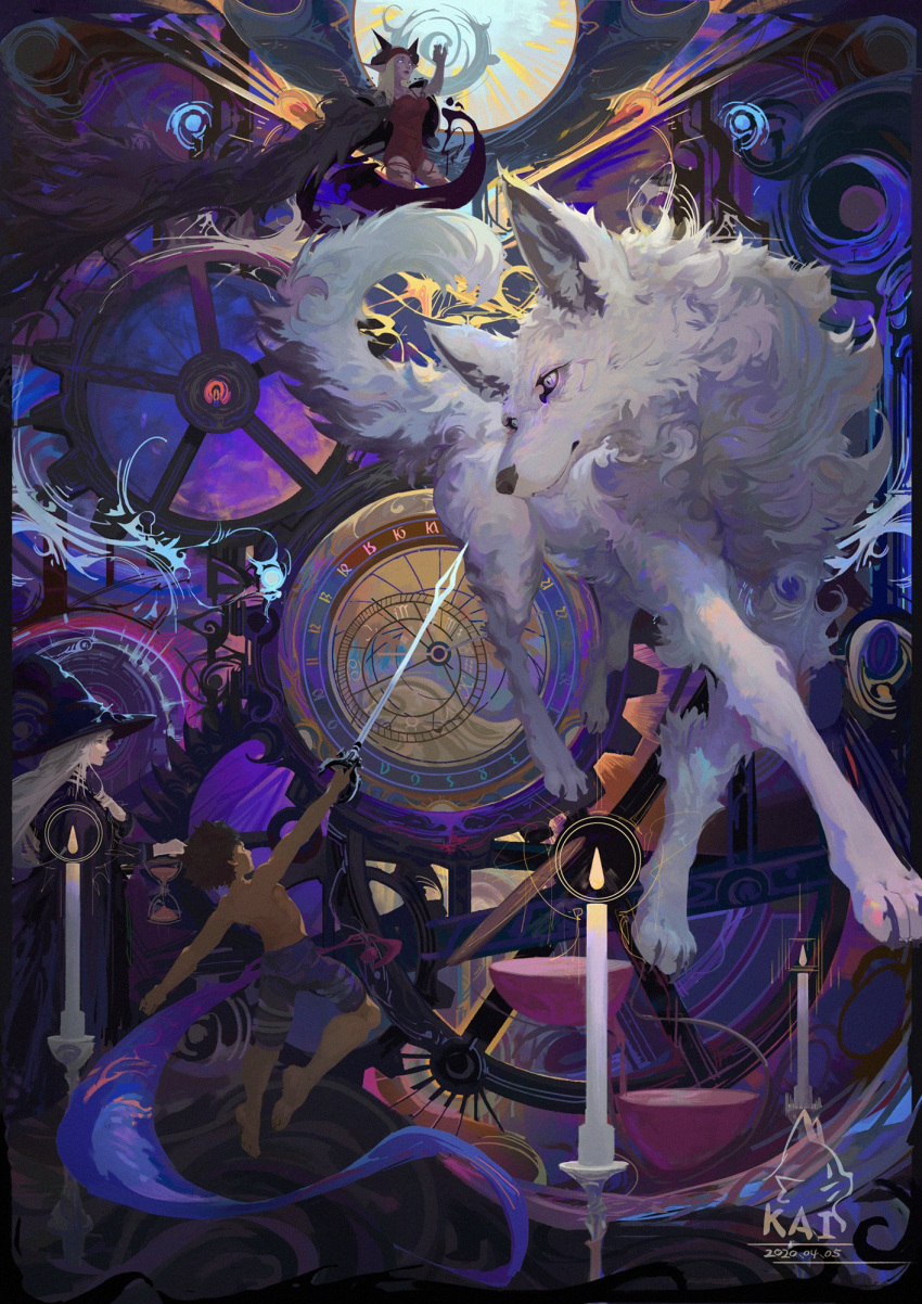 2020 candle canid canine canis detailed_background duo_focus female feral fight fur group hi_res holding_melee_weapon holding_object holding_sword holding_weapon human macro_feral male mammal melee_weapon nekokaii purple_eyes quadruped shirtless_anthro shirtless_male sword trio weapon white_body white_fur wolf