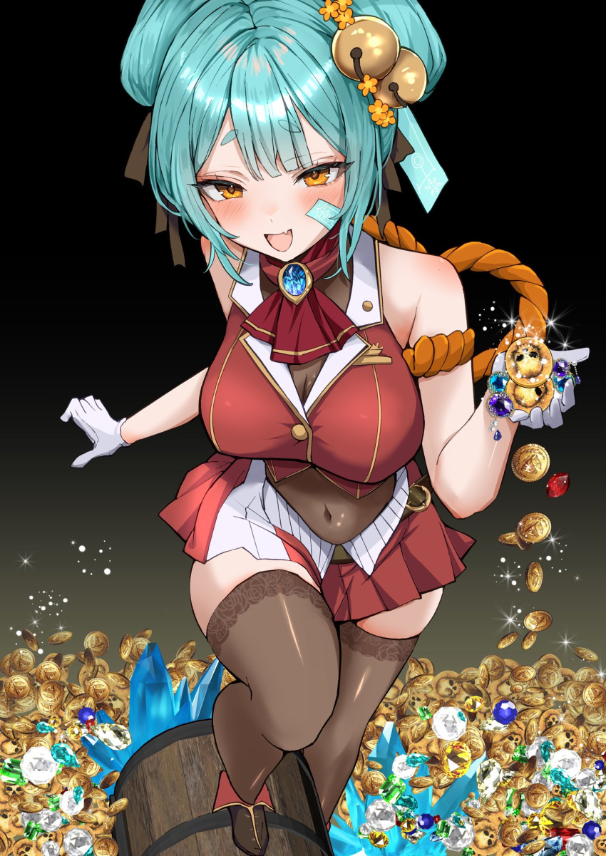 :d alternate_breast_size ankle_boots aqua_hair ascot bare_shoulders bell blush boots breasts brooch brown_thighhighs buttons center-flap_bangs cleavage coin commentary commission cosplay cropped_jacket double-parted_bangs double_bun english_commentary female fold-over_boots gloves gold_coin gold_trim hair_bell hair_bun hair_ornament highres hikimayu hololive houshou_marine houshou_marine_(1st_costume) houshou_marine_(cosplay) inami_yoki indie_virtual_youtuber jacket jewelry jingle_bell knee_up lace-trimmed_thighhighs lace_trim lapel_pin large_breasts leotard leotard_under_clothes looking_at_viewer mikan_(manmarumikan) miniskirt oerba_yun_fang off_shoulder ofuda open_mouth parted_hair pile_of_money pleated_skirt red_ascot red_jacket red_skirt rope second-party_source see-through see-through_cleavage see-through_leotard see-through_midriff shimenawa skeb_commission skin_fang skirt sleeveless sleeveless_jacket smile solo thick_eyebrows thighhighs treasure treasure_chest virtual_youtuber white_gloves yellow_eyes