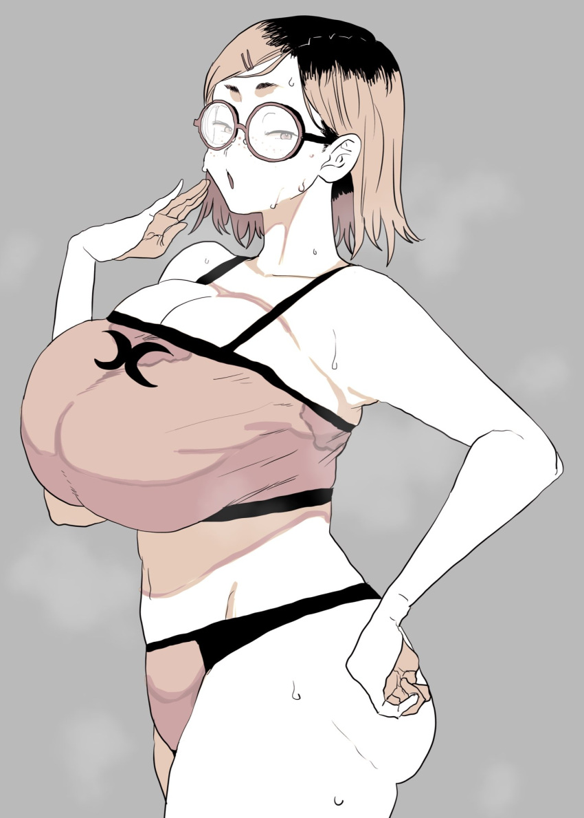 ass bra breasts doctor_masube female freckles glasses greyscale hair_ornament hairclip highres huge_breasts jimiko looking_at_viewer monochrome open_mouth original panties round_eyewear short_eyebrows short_hair sweat undersized_breast_cup undersized_clothes underwear