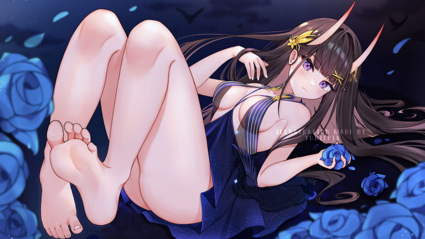 ass azur_lane bare_legs bare_shoulders barefoot black_hair blue_dress blue_flower blush breasts demon_girl demon_horns dress feet female flower full_body hair_flower hair_ornament hands_up highres holding holding_flower horns knees_up light_frown long_hair lying no_bra no_panties noshiro_(azur_lane) noshiro_(xanadu's_eventide)_(azur_lane) on_back oni purple_eyes sleeveless sleeveless_dress small_breasts solo thighs upskirt very_long_hair x_hair_ornament yuniepix