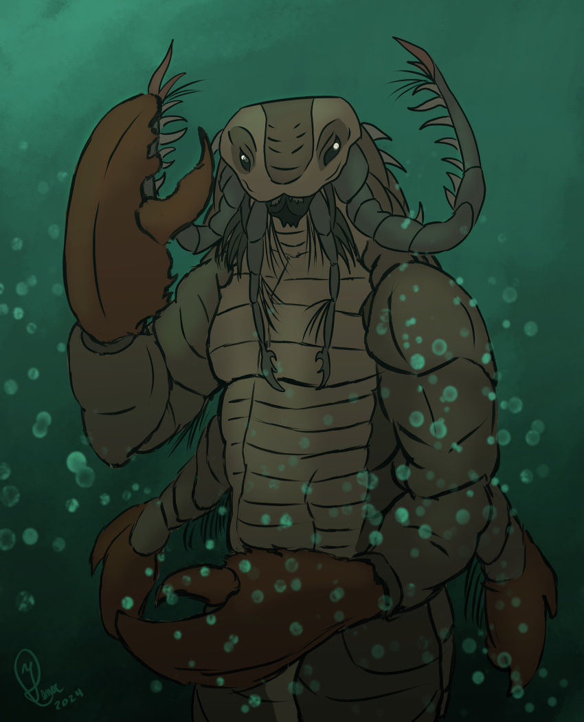 absurd_res ancient anthro arthropod bubble chelicerae claws extinct hi_res male marine multi_arm multi_limb pincers prehistoric_species prompt sea sea_scorpion simple_background solo threatening underwater water yenocwolf