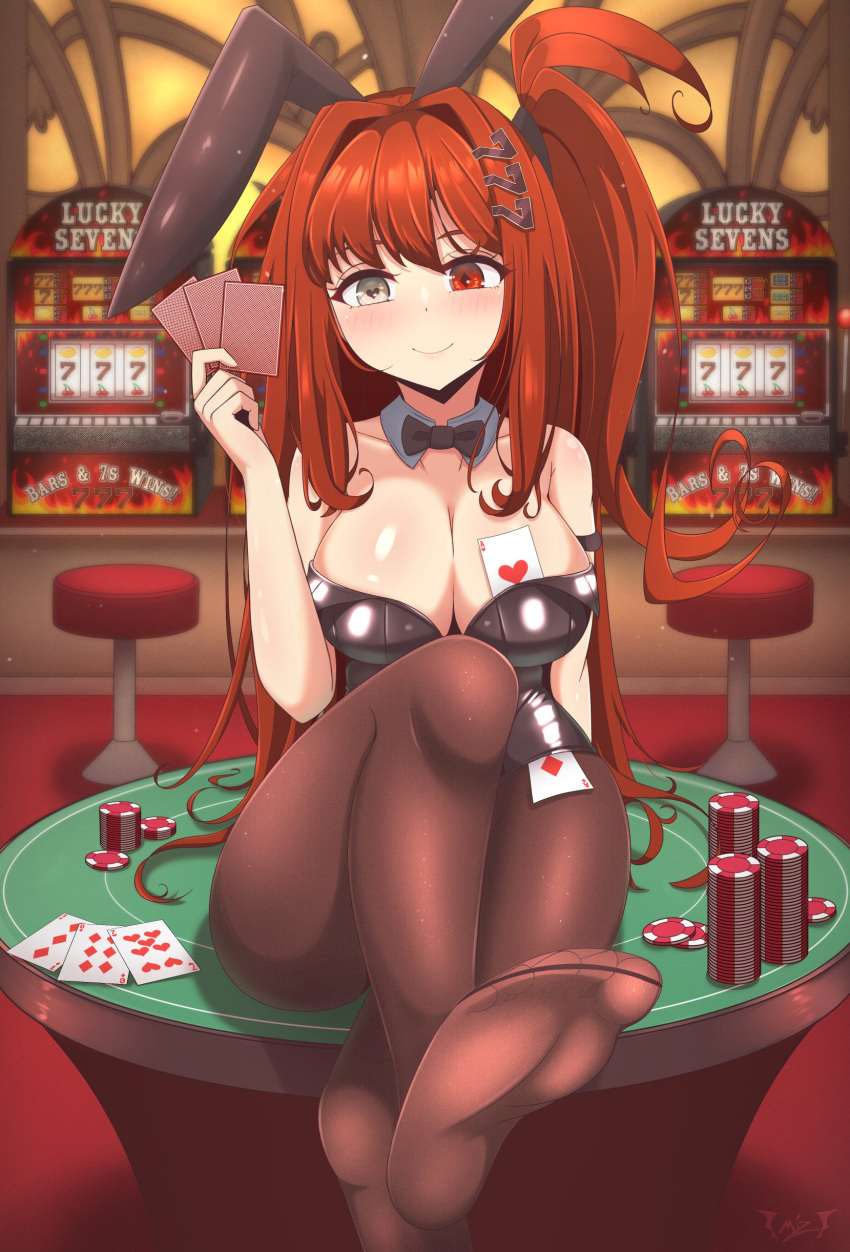 absurdres animal_ears bow bowtie breasts card cleavage closed_mouth daiya_fortuna feet feet_out_of_frame female grey_eyes hair_ornament hairclip heterochromia highres indoors large_breasts leotard long_hair looking_at_viewer mizmillificent pantyhose pixellink playboy_bunny playing_card poker_chip rabbit_ears red_eyes red_hair side_ponytail sitting slot_machine smile solo virtual_youtuber