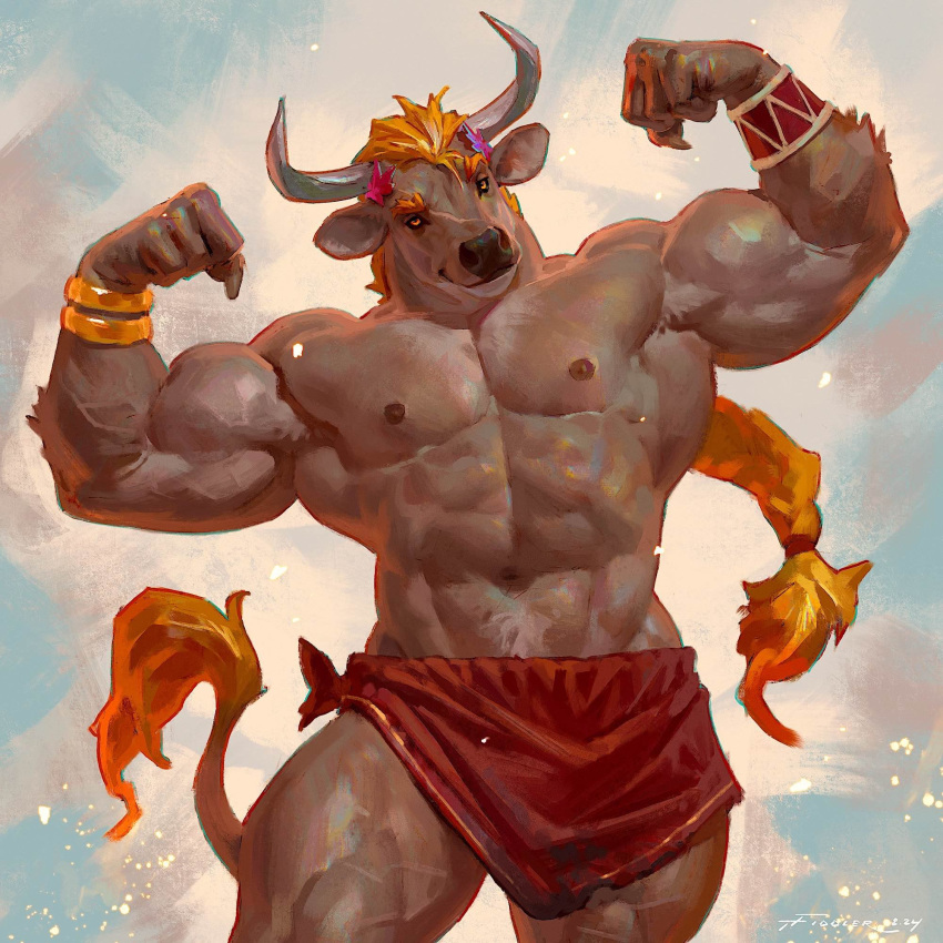 1boy abs animal_ears arm_hair armpit_hair bara blue_background brown_fur closed_mouth clothes_around_waist cow_boy cow_ears cowboy_shot flexing furry furry_male grey_horns highres horns large_pectorals male_focus muscular muscular_male navel navel_hair nipples orange_eyes orange_hair orange_wristband original pectorals red_wristband smile solo tail taran_fiddler thick_thighs thighs topless_male