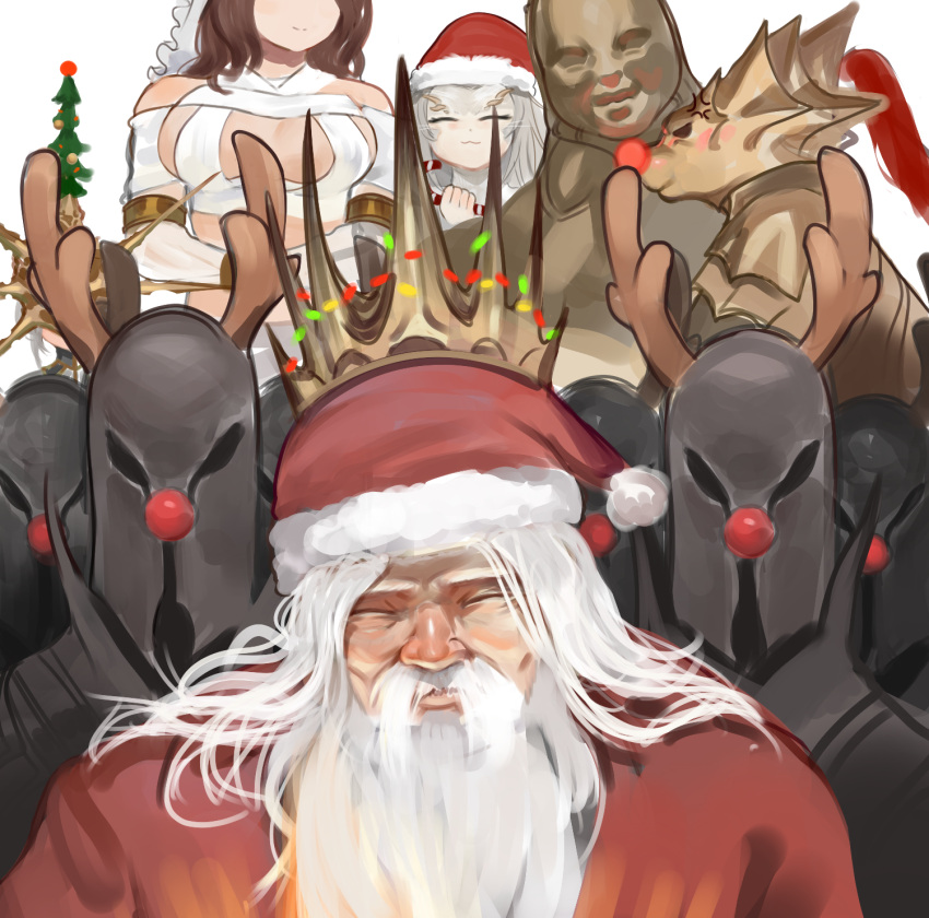 2girls 4boys 6+others :3 alternate_costume anger_vein antlers beard black_knight_(dark_souls) breasts brown_hair christmas christmas_tree_hat closed_eyes closed_mouth commentary cosplay crown dark_souls_(series) dark_souls_i dark_sun_gwyndolin deer_antlers dokomon dragon_slayer_ornstein executioner_smough facial_hair fake_antlers father_and_daughter father_and_son fur-trimmed_headwear fur_trim grey_hair gwyn_lord_of_sunlight hat head_out_of_frame helmet highres horns knight large_breasts long_hair moustache multiple_boys multiple_girls multiple_others old old_man pom_pom_(clothes) priscilla_the_crossbreed queen_of_sunlight_gwynevere red_hat red_nose rudolph_the_red_nosed_reindeer rudolph_the_red_nosed_reindeer_(cosplay) santa_costume santa_hat simple_background smile upper_body white_background