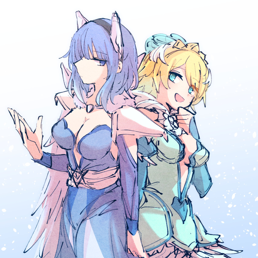 2girls :d alonemistrist armor blonde_hair blue_dress blue_eyes blue_hair breasts cleavage closed_mouth commentary dress fire_emblem fire_emblem_heroes fjorm_(fire_emblem) fjorm_(ice_tribe)_(fire_emblem) highres long_sleeves looking_at_another multiple_girls nifl_(fire_emblem) nifl_(ice_tribe)_(fire_emblem) official_alternate_costume open_mouth short_hair shoulder_armor smile symbol-only_commentary