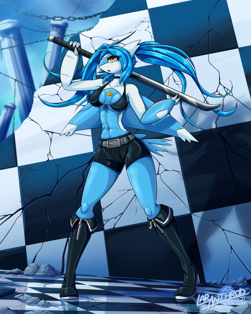 2021 anthro black_rock_shooter blue_body blue_hair breasts claws clothed clothing digital_media_(artwork) english_text eyelashes female finger_claws floor generation_3_pokemon hair hi_res holding_melee_weapon holding_object holding_sword holding_weapon latiar latias legendary_pokemon melee_weapon nintendo number pokemon pokemon_(species) pokemorph pose pupils scenery shadow solo standing sword tail text tiara_(latiar) tile tile_floor weapon white_pupils white_sclera wings yellow_eyes