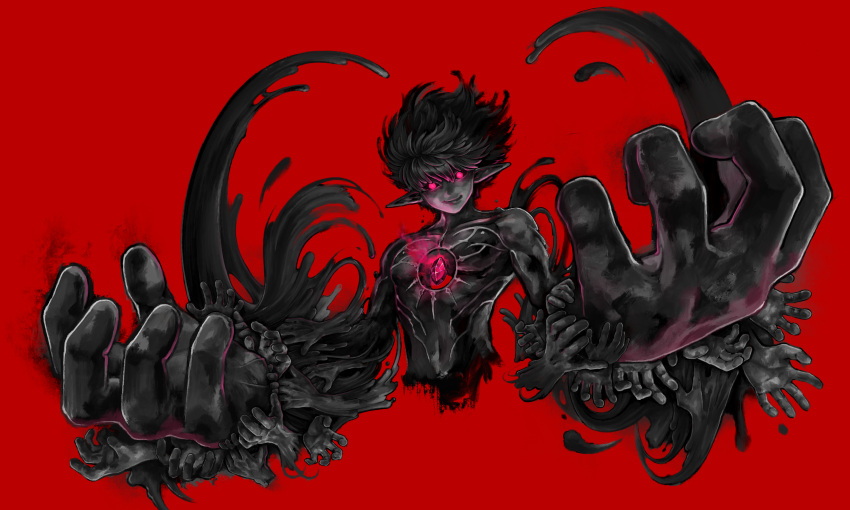 1boy absurdres black_hair black_sclera black_skin closed_mouth colored_sclera colored_skin commentary demon_boy dungeon_and_fighter extra_hands floating_hair hair_between_eyes highres long_bangs looking_at_viewer male_focus monster_boy navel pink_eyes pink_gemstone pointy_ears red_background short_hair simple_background smile solo the_root_of_abyss third_eye upper_body xoo_(user_xzpt5477)