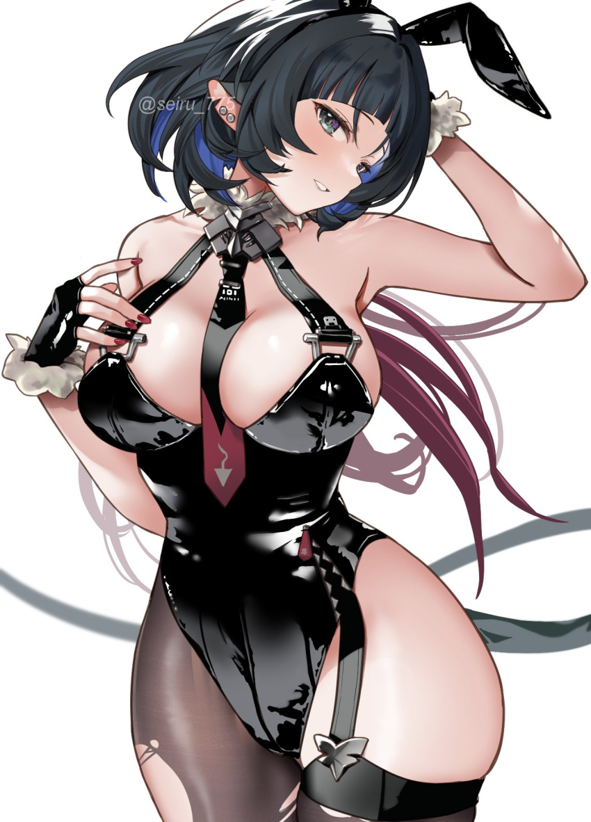 alternate_costume animal_ears bare_shoulders black_gloves black_leotard black_thighhighs breasts commentary_request fake_animal_ears female fingerless_gloves gloves highleg highleg_leotard highres jane_doe_(zenless_zone_zero) large_breasts leotard mouse_ears nail_polish pantyhose parted_lips playboy_bunny rabbit_ears red_nails seiru_(prairie) simple_background single_leg_pantyhose single_thighhigh smile solo thighhighs thighs torn_clothes torn_pantyhose torn_thighhighs twitter_username white_background zenless_zone_zero