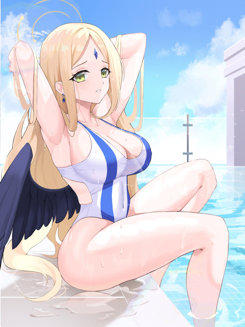 armpits arms_up ayumu_(blue_archive) bare_legs black_wings blonde_hair blue_archive blue_one-piece_swimsuit blue_sky breasts cleavage covered_navel earrings female forehead_jewel green_eyes highres jewelry kurochomo large_breasts long_hair one-piece_swimsuit parted_lips partially_submerged pool sky solo swimsuit teeth thighs two-tone_one-piece_swimsuit very_long_hair white_one-piece_swimsuit wings