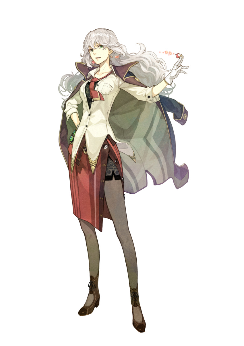 absurdres atelier_(series) atelier_escha_&_logy earrings expressionless female full_body gloves green_eyes hand_on_own_hip hidari_(left_side) highres jacket jacket_on_shoulders jewelry long_hair necktie official_art pantyhose photoshop_(medium) red_necktie red_skirt shirt shoes skirt solo standing tachi-e threia_hazelgrimm white_background white_gloves white_hair white_shirt