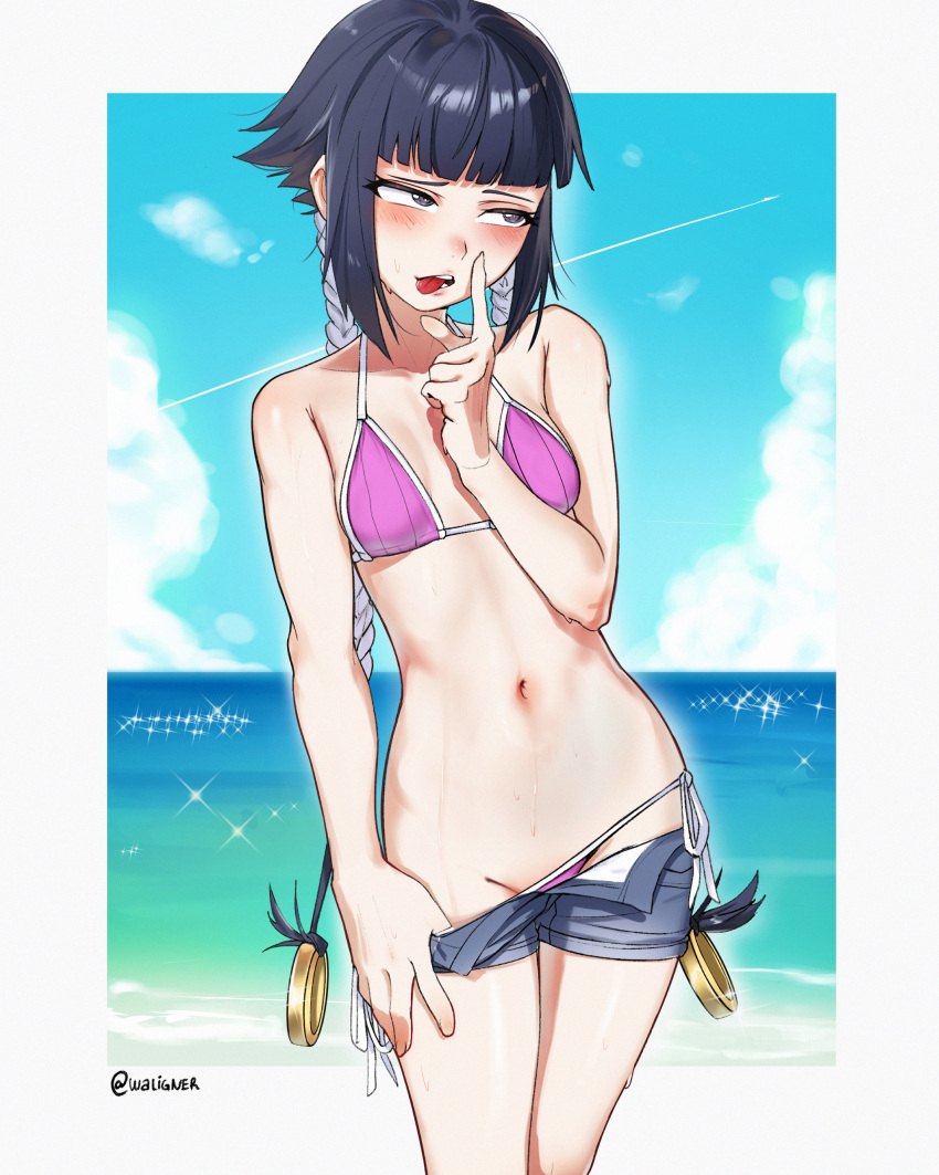 absurdres beach bikini black_hair bleach blush breasts clothes_pull contrail day denim denim_shorts female highres navel ocean outdoors purple_bikini short_hair_with_long_locks short_shorts shorts shorts_pull side-tie_bikini_bottom small_breasts solo sui-feng sunglasses swimsuit tongue tongue_out waligner