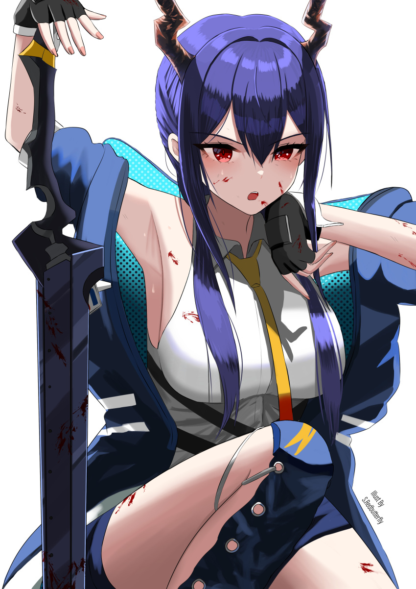 absurdres arknights armpits artist_name black_gloves blood blood_on_arm blood_on_clothes blood_on_face blood_on_leg blue_hair blue_jacket blue_shorts breasts ch'en_(arknights) dragon_girl dragon_horns female fingerless_gloves gloves hair_between_eyes highres holding holding_sword holding_weapon horns jacket large_breasts long_hair open_mouth red_eyes s_redbutterfly shirt short_shorts shorts solo sword thighs weapon white_shirt