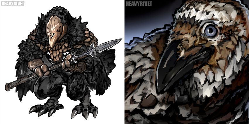 2:1 ambiguous_gender anthro armor avian beak bird blue_eyes claws corvid corvus_(genus) feathers feral finger_claws headgear heavyrivet helmet hi_res humanoid melee_weapon mottled mottled_body oscine passerine piebald piebald_body polearm raven scale_armor solo spear supernatural toe_claws weapon