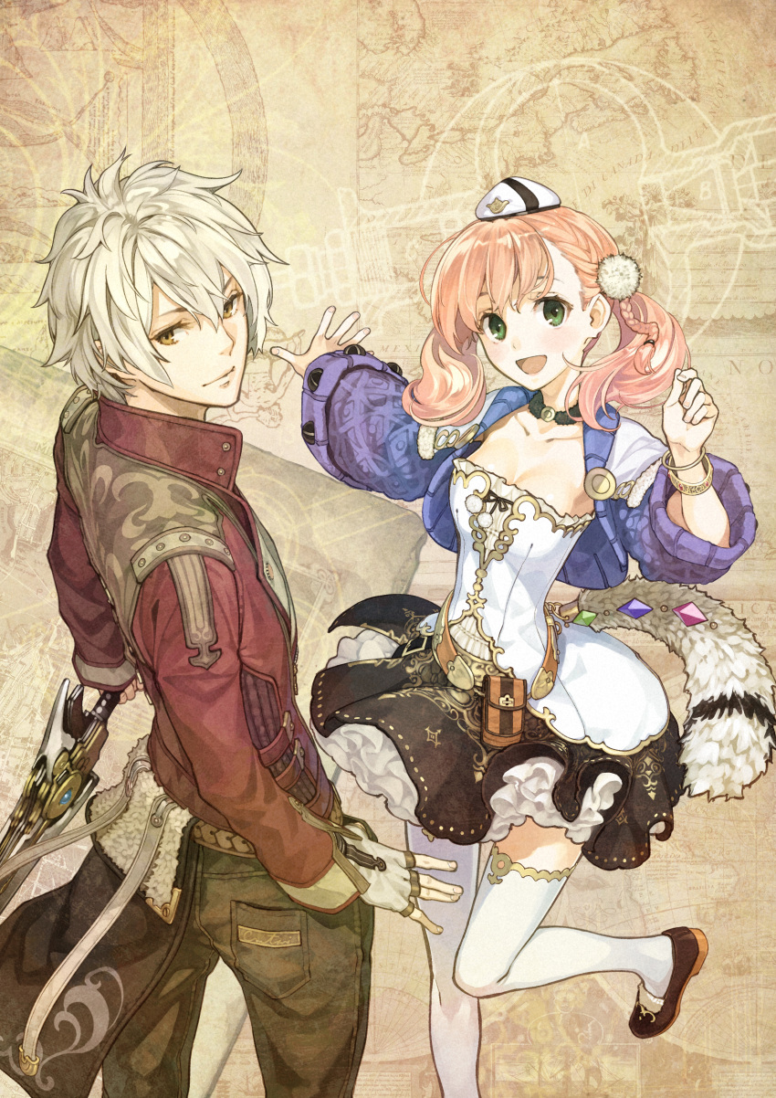 :d absurdres atelier_(series) atelier_escha_&_logy black_pants black_skirt bracelet breasts brown_eyes brown_hair choker cleavage collarbone escha_malier female fingerless_gloves gloves green_eyes grey_gloves hair_between_eyes hair_ornament hidari_(left_side) highres holding holding_sword holding_weapon jewelry layered_skirt leg_up logix_ficsario long_hair looking_at_viewer medium_breasts open_mouth outstretched_arm pants skirt smile standing sword thighhighs twintails weapon white_thighhighs zettai_ryouiki