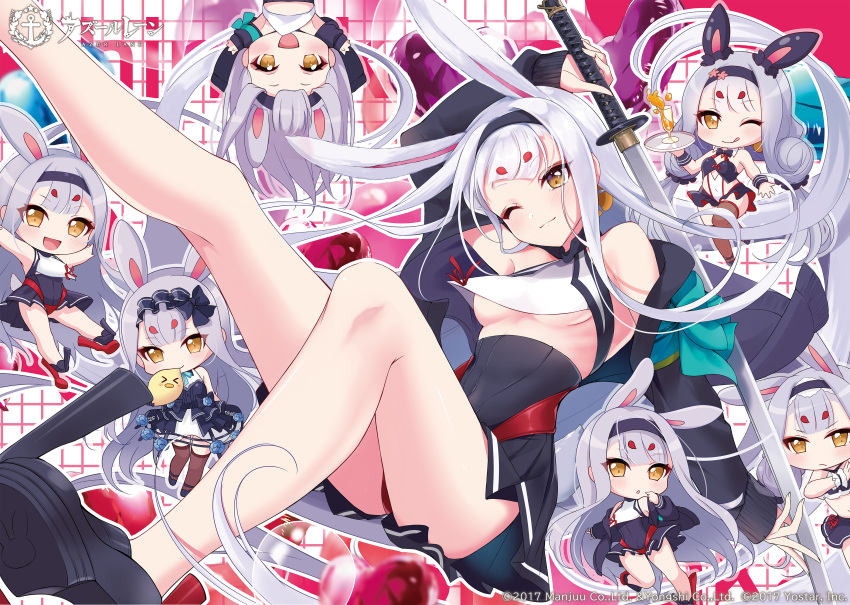 absurdres animal_ears arm_up azur_lane bare_shoulders black_footwear black_hairband black_jacket black_skirt breast_curtains breasts chibi closed_mouth commentary_request eyeshadow female hairband hakazenanato high-waist_skirt highres holding holding_sword holding_weapon jacket katana knee_up leg_up long_hair looking_at_viewer makeup medium_breasts multiple_views off_shoulder official_art one_eye_closed open_clothes open_jacket open_mouth rabbit_ears rabbit_girl red_eyeshadow rudder_footwear second-party_source shimakaze_(azur_lane) shimakaze_(the_island_wind_rests)_(azur_lane) shimakaze_(the_white_rabbit_of_wonderland)_(azur_lane) shimakaze_(world's_speediest_bunny_waitress)_(azur_lane) skirt sword thighs underboob weapon yellow_eyes