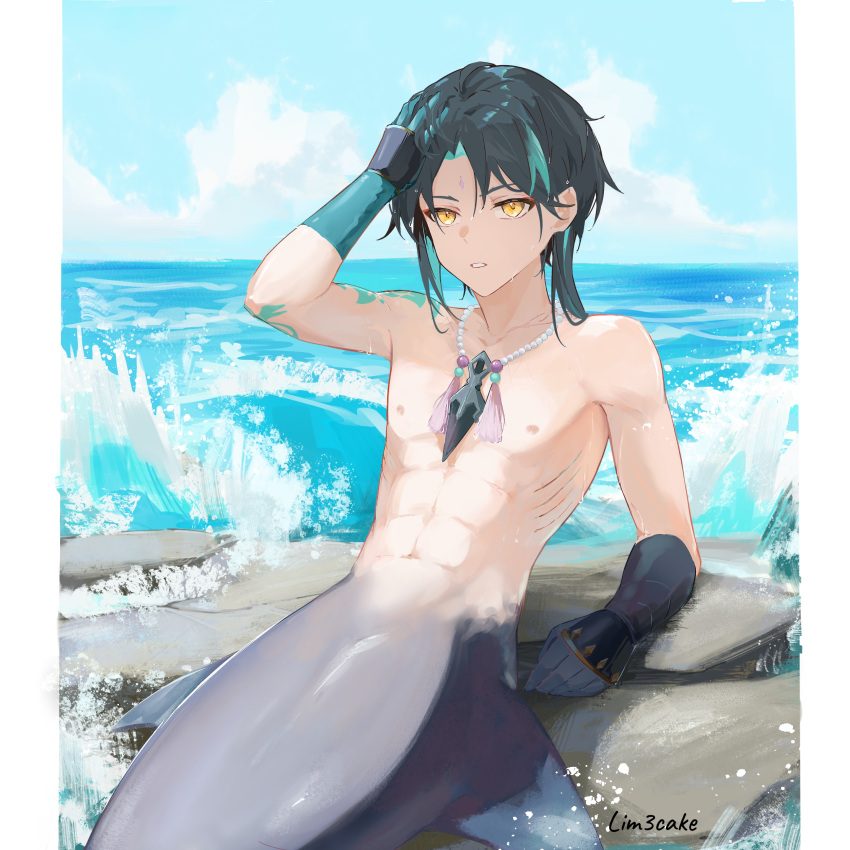 1boy absurdres aqua_hair arm_tattoo beach bead_necklace beads black_hair facial_mark forehead_mark genshin_impact highres jewelry lim3cake male_focus merman monster_boy multicolored_hair muscular muscular_male navel necklace nipples ocean short_hair solo stomach tattoo topless_male wet xiao_(genshin_impact) yellow_eyes