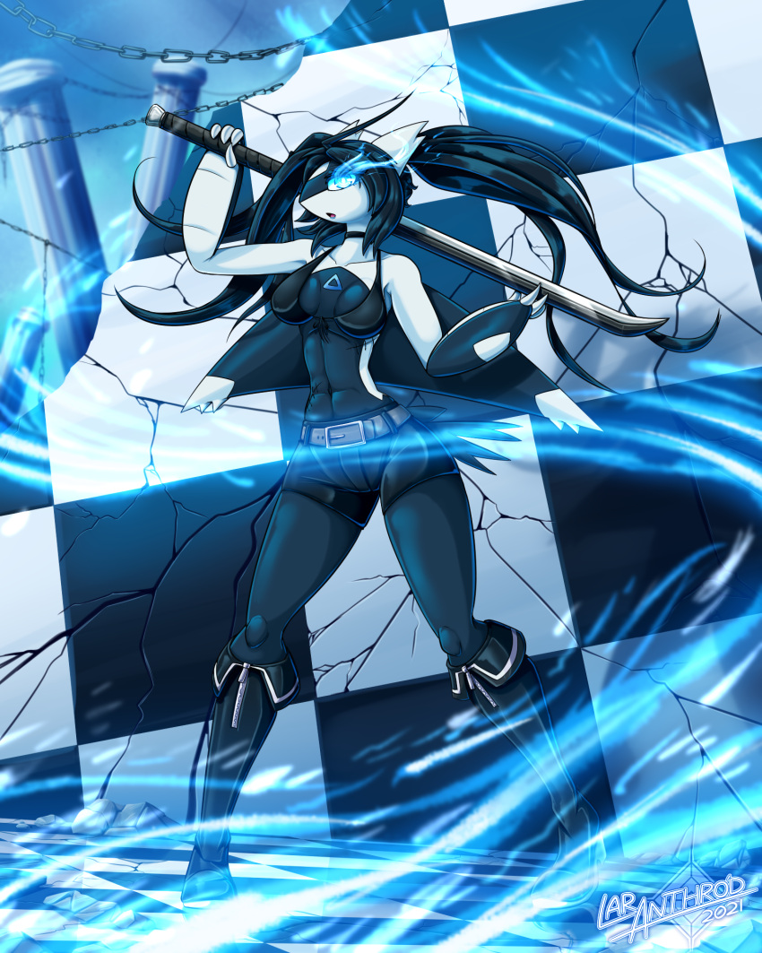 2021 4:5 anthro black_body black_hair black_rock_shooter blue_eyes blue_fire breasts claws clothed clothing colored_fire digital_media_(artwork) english_text eyelashes female finger_claws fire floor generation_3_pokemon glowing glowing_eyes hair hi_res holding_melee_weapon holding_object holding_sword holding_weapon latiar latias legendary_pokemon melee_weapon nintendo number pokemon pokemon_(species) pokemorph pose scenery shadow solo standing sword tail text tiara_(latiar) tile tile_floor weapon white_sclera wings