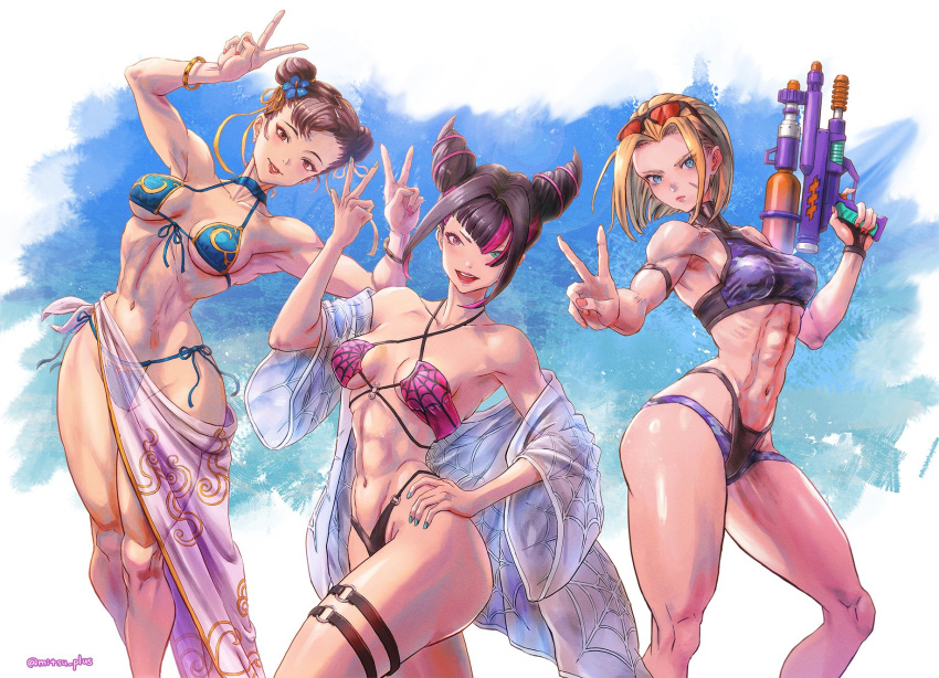 3girls abs bare_shoulders bikini black_hair blonde_hair blue_eyes bracelet breasts brown_eyes brown_hair cammy_white choker chun-li closed_mouth collarbone commentary_request criss-cross_halter double_bun double_v eyewear_on_head fingernails hair_bun hair_horns hair_ornament halterneck hand_on_own_hip heterochromia highleg highleg_bikini highres holding holding_water_gun jewelry juri_han lips lipstick looking_at_viewer makeup medium_breasts mitsu_plus multiple_girls muscular muscular_female nail_polish navel o-ring o-ring_bikini off_shoulder open_mouth purple_eyes purple_hair sarong scar scar_on_cheek scar_on_face see-through shiny_skin short_hair side-tie_bikini_bottom simple_background smile stomach street_fighter street_fighter_6 sunglasses swimsuit thighs turtleneck v water_gun