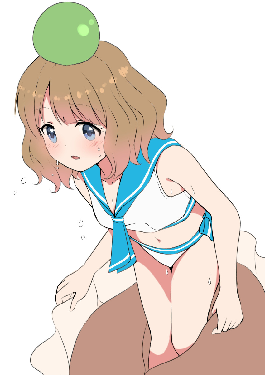 :o absurdres bikini blue_bow blue_eyes blue_neckerchief blue_sailor_collar blush bow brown_hair collarbone commentary_request cupcake female flat_chest food food_costume highres idolmaster idolmaster_million_live! looking_at_viewer medium_hair neckerchief sailor_collar sailor_swimsuit_(idolmaster) sidelocks solo suou_momoko sweat swimsuit undressing wavy_hair white_background white_bikini yukipo_p