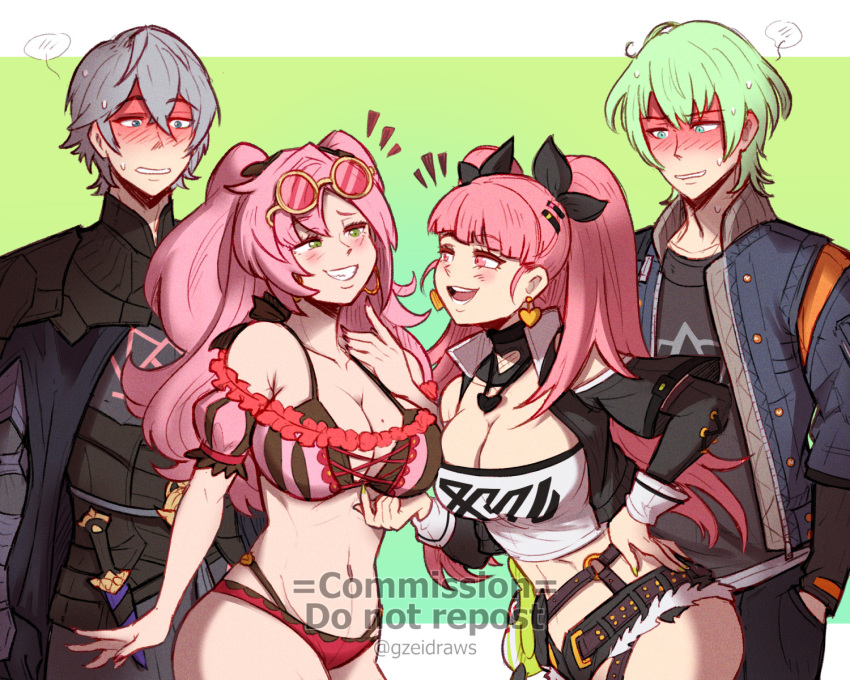 2boys 2girls :d asymmetrical_docking black_ribbon black_shirt black_shorts blue_eyes blue_jacket blush breast_press breasts byleth_(fire_emblem) byleth_(male)_(fire_emblem) byleth_(male)_(fire_emblem)_(cosplay) cleavage commission cosplay costume_switch cutoffs fire_emblem fire_emblem:_three_houses fire_emblem_heroes green_eyes green_hair grey_hair grin gzei hair_ribbon hand_up highres hilda_valentine_goneril hilda_valentine_goneril_(cosplay) jacket large_breasts long_hair long_sleeves looking_at_another midriff multiple_boys multiple_girls navel nicole_demara nicole_demara_(cosplay) open_mouth pink_hair ribbon shirt short_hair short_shorts shorts smile stomach strapless tube_top two_side_up very_long_hair vgen_commission wise_(zenless_zone_zero) wise_(zenless_zone_zero)_(cosplay) zenless_zone_zero