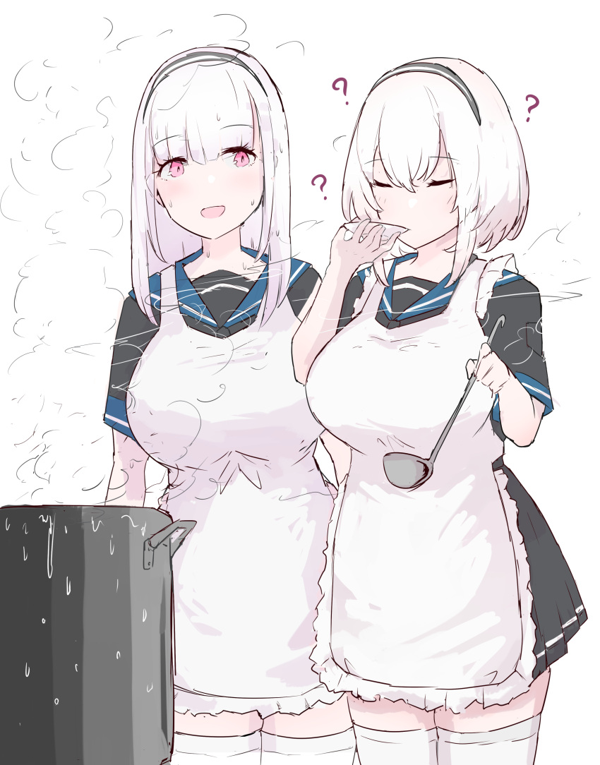 2girls :d ? absurdres apron azur_lane black_hairband black_shirt black_skirt blue_sailor_collar breasts closed_eyes commentary cooking cooking_pot cowboy_shot dido_(azur_lane) english_commentary frilled_apron frills hairband hakuaki highres holding holding_ladle ladle large_breasts miniskirt multiple_girls pink_eyes pleated_skirt sailor_collar shirt short_sleeves simple_background sirius_(azur_lane) skirt smile steam sweat thighhighs white_apron white_background white_hair white_thighhighs zettai_ryouiki