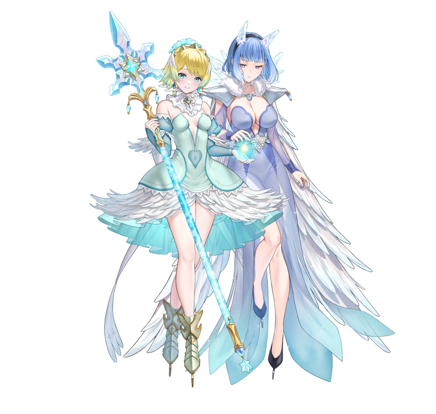 2girls absurdres bare_legs bare_shoulders blonde_hair blue_eyes blue_hair breasts cape cleavage covered_navel earrings feather_cape feather_trim fire_emblem fire_emblem_heroes fjorm_(fire_emblem) fjorm_(ice_tribe)_(fire_emblem) full_body gradient_hair highres holding holding_polearm holding_weapon ice_horns ice_skates jewelry kousei_horiguchi lance large_breasts looking_at_viewer medium_breasts multicolored_hair multiple_girls nifl_(fire_emblem) nifl_(ice_tribe)_(fire_emblem) official_alternate_costume official_art polearm short_hair skates small_breasts smile tachi-e tiara transparent_background weapon white_cape