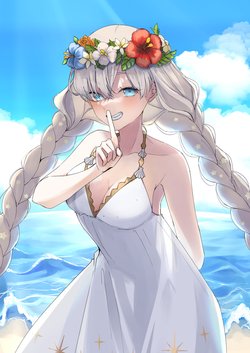 absurdres anastasia_(fate) anastasia_(swimsuit_archer)_(fate) anastasia_(swimsuit_archer)_(second_ascension)_(fate) bare_shoulders blue_eyes blue_sky braid breasts cleavage cloud commentary_request cowboy_shot day dress dress_swimsuit fate/grand_order fate_(series) female finger_to_mouth flower flower_wreath grey_hair grin hair_ornament head_wreath hibiscus highres kate_(shootingstar) long_hair looking_at_viewer ocean outdoors shushing sky sleeveless sleeveless_dress smile solo standing star_(symbol) star_hair_ornament twin_braids white_dress