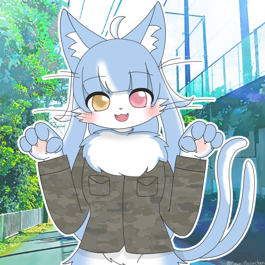 1:1 absurd_res blue_hair domestic_cat felid feline felis hair hi_res japan_air_self-defense_force kawaiirosiechan long_hair male mammal omaneko_(jasdf) paw_pose pose red_eyes solo yellow_eyes