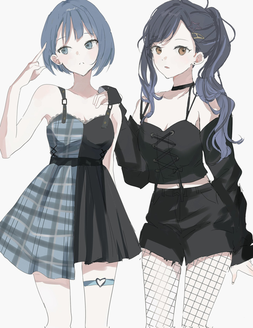 2girls alternate_costume alternate_hairstyle bare_shoulders black_hair blue_eyes blue_hair breasts cleavage collarbone dress highres long_hair looking_at_viewer looking_to_the_side medium_breasts multiple_girls off_shoulder ponytail project_sekai short_hair shorts simple_background skirt sleeveless vovoo_o white_background yellow_eyes