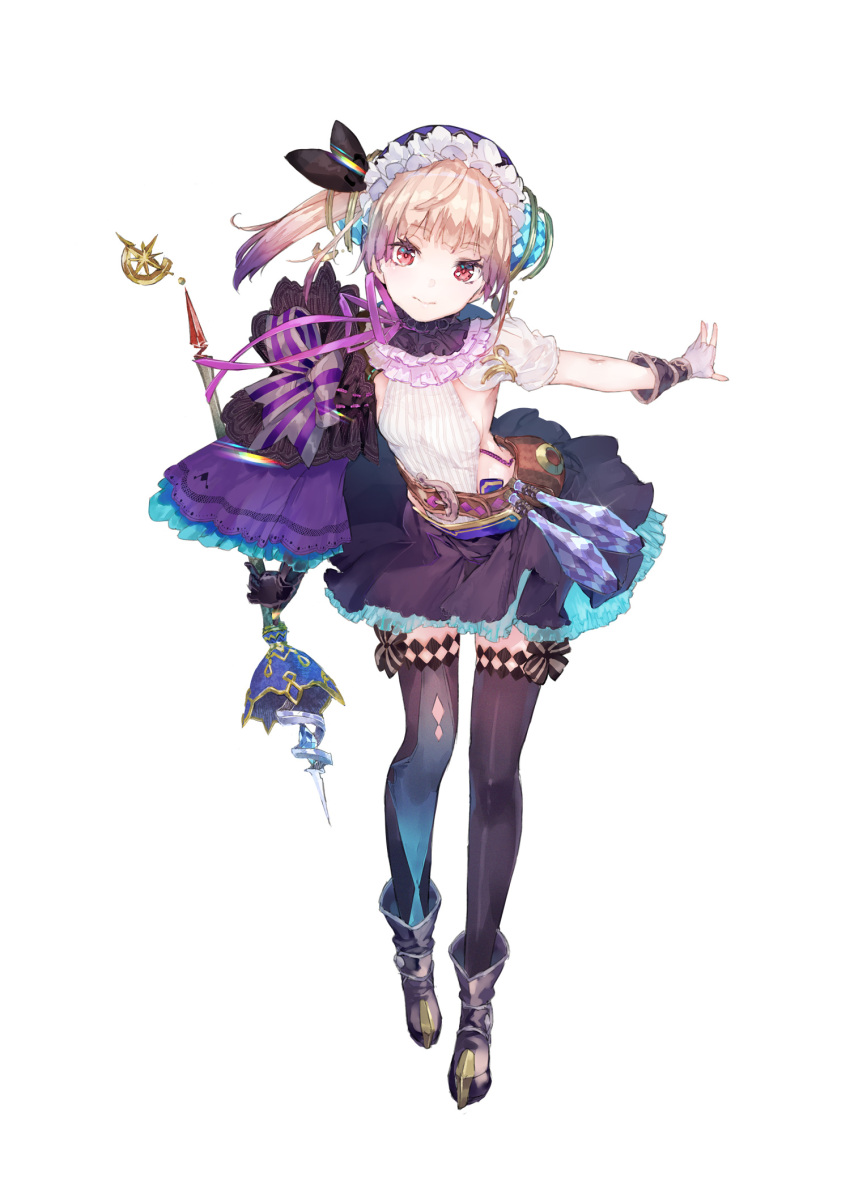 atelier_(series) atelier_lydie_&_suelle boots bow detached_sleeves female fingerless_gloves full_body gloves hair_ornament hat highres long_hair lydie_malen multicolored_hair official_art pink_eyes pink_hair ponytail potion purple_hair sideless_outfit simple_background single_detached_sleeve solo staff thighhighs two-tone_hair white_background yuugen