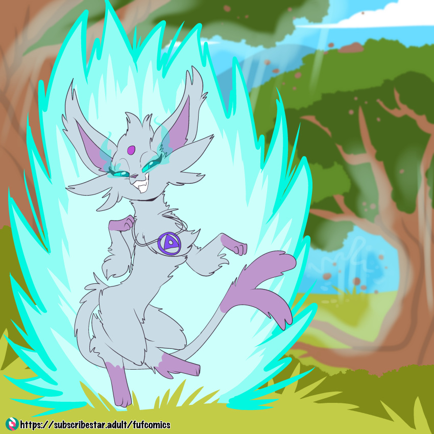 1:1 anthro dipstick_tail eeveelution espeon female forehead_gem forest fuf gem generation_2_pokemon gloves_(marking) glowing glowing_eyes grass hi_res jewelry leg_markings markings necklace nintendo outside plant pokemon pokemon_(species) socks_(marking) solo tail tail_markings tree