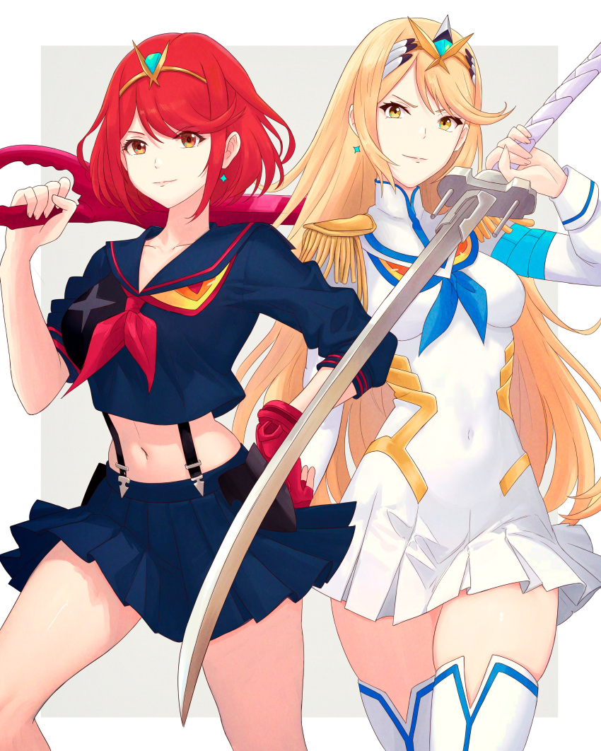 2girls absurdres blonde_hair cosplay dress highres holding holding_sword holding_weapon kill_la_kill kiryuuin_satsuki kiryuuin_satsuki_(cosplay) long_hair matoi_ryuuko matoi_ryuuko_(cosplay) multiple_girls red_eyes red_hair sailor_collar school_uniform smile sword tiara truejekart weapon white_dress xenoblade_chronicles_(series) xenoblade_chronicles_2 yellow_eyes