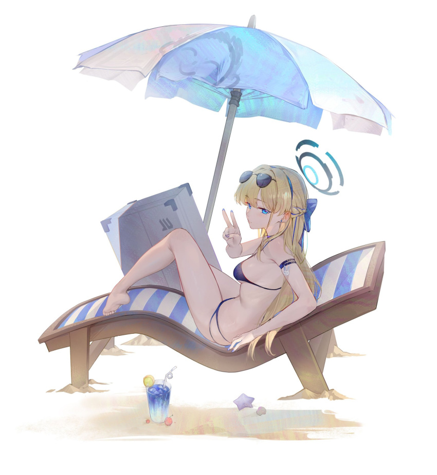 beach_umbrella bikini blonde_hair blue_archive blue_eyes blue_halo bow breasts chair cup day drinking_glass eyewear_on_head female from_side hairbow halo highres long_hair lounge_chair medium_breasts nail_polish outdoors saw272 sideboob sitting solo sunglasses swimsuit toki_(blue_archive) umbrella v