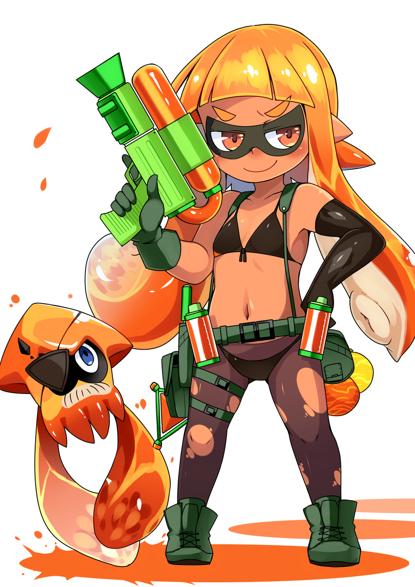 absurdres bikini black_gloves blush boots burst_bomb_(splatoon) commentary_request cosplay dark_skin elbow_gloves eyepatch female flat_chest front-tie_bikini_top front-tie_top gloves highres holster ink_tank_(splatoon) inkling_girl inkling_player_character kotomuke_fuurin long_hair looking_at_viewer metal_gear_(series) metal_gear_solid_v:_the_phantom_pain midriff navel orange_eyes orange_hair pantyhose pointy_ears quiet_(metal_gear) quiet_(metal_gear)_(cosplay) short_hair_with_long_locks sidelocks simple_background smile splat_bomb_(splatoon) splatoon_(series) splatoon_1 splattershot_(splatoon) squid super_soaker suspenders swimsuit tentacle_hair thigh_holster torn_clothes torn_pantyhose trigger_discipline venom_snake venom_snake_(cosplay) weapon white_background