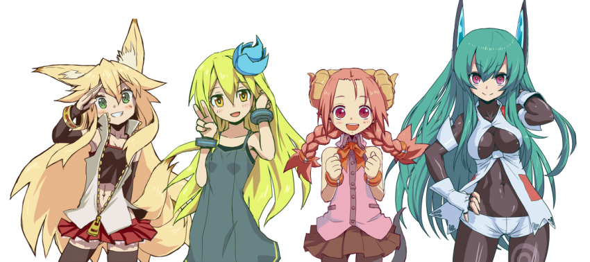 4girls animal_ears aqua_hair bare_arms bare_shoulders blonde_hair blush bodysuit borrowed_character bracelet braid breasts brown_eyes commentary_request covered_navel crossover curled_horns dress fingerless_gloves flower fox_ears fox_tail gloves green_eyes green_hair hair_between_eyes hair_flower hair_ornament hand_in_own_hair hand_on_own_hip headgear horns impossible_bodysuit impossible_clothes jewelry kimidori_(ico) kokonoe_tsubaki long_hair looking_at_viewer mamaru_(asagi_juukou) medium_breasts menou_kaname_(taishi) micro_shorts miniskirt multiple_girls multiple_tails muu_(mumumer) navel open_mouth original pantyhose purple_eyes red_eyes short_shorts shorts simple_background skin_tight skirt sleeveless small_breasts smile tail teeth thighhighs twin_braids unzipped v white_background yellow_eyes zipper