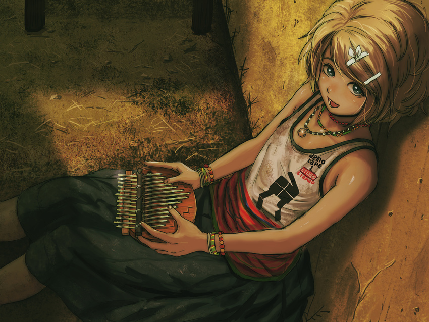 :d against_wall blonde_hair blue_eyes bracelet casual commentary_request female hair_ornament hairclip highres horuda instrument jewelry kagamine_rin kalimba looking_at_viewer music necklace open_mouth photoshop_(medium) playing_instrument short_hair sitting skirt smile solo tank_top vocaloid