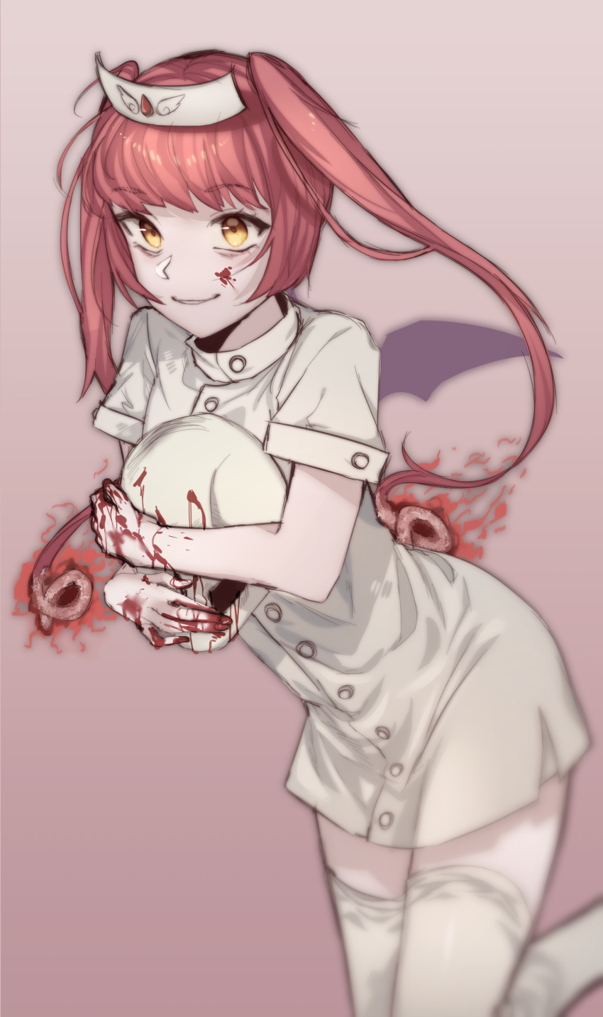 absurdres blood blood_on_clothes blood_on_hands commentary_request ebola-chan female hat highres long_hair nurse nurse_cap pink_background pink_hair skull smile socks_over_thighhighs twintails who-is-noxes yellow_eyes