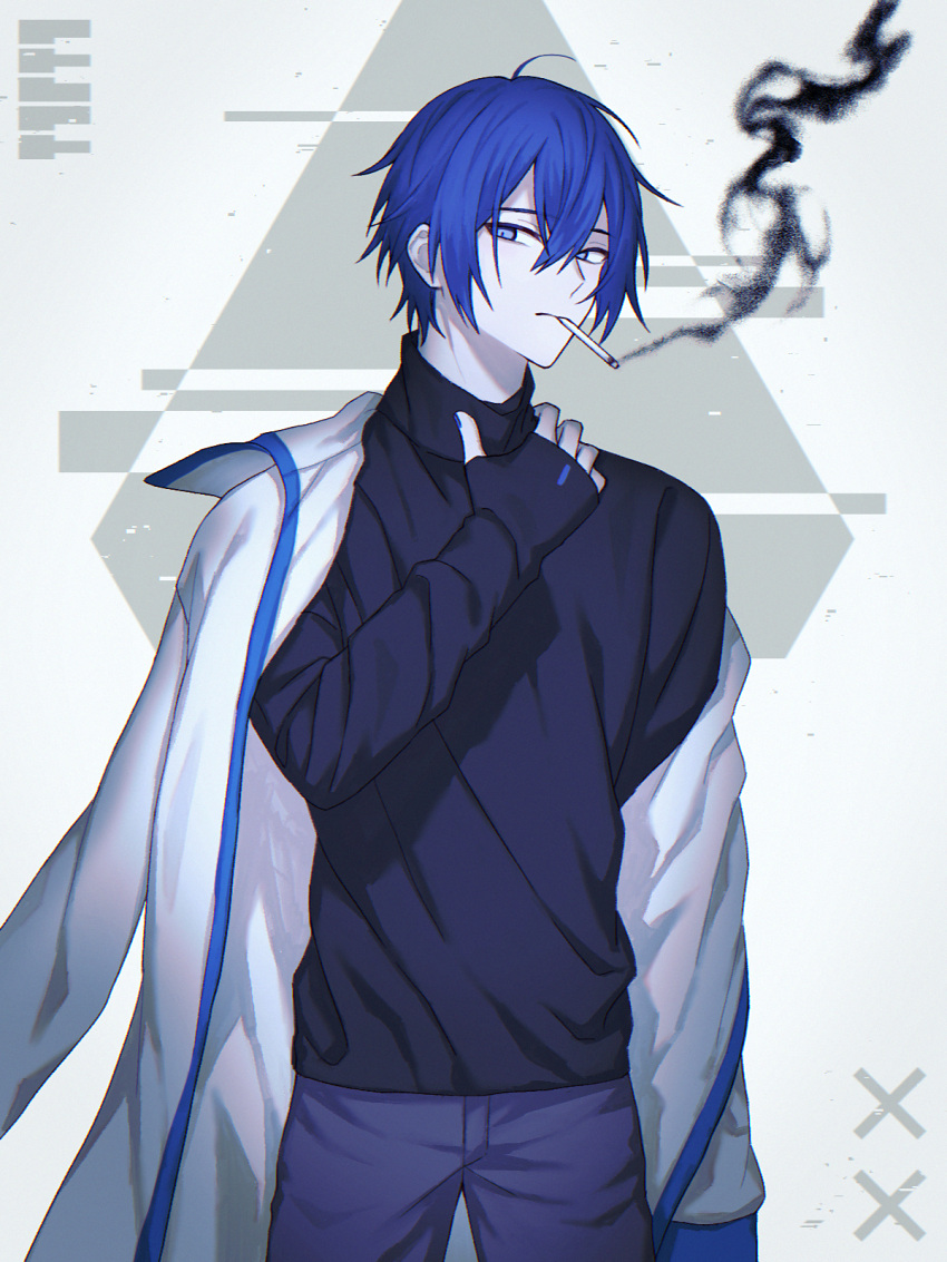 1boy black_sweater blue_eyes blue_hair blue_nails blue_pants cigarette coat grey_background hair_between_eyes highres kaito_(sp) kaito_(vocaloid) long_sleeves looking_at_viewer male_focus off_shoulder open_clothes open_coat pale_skin pants samecan short_hair smoke smoking solo standing sweater tobacco turtleneck turtleneck_sweater upper_body vocaloid white_coat