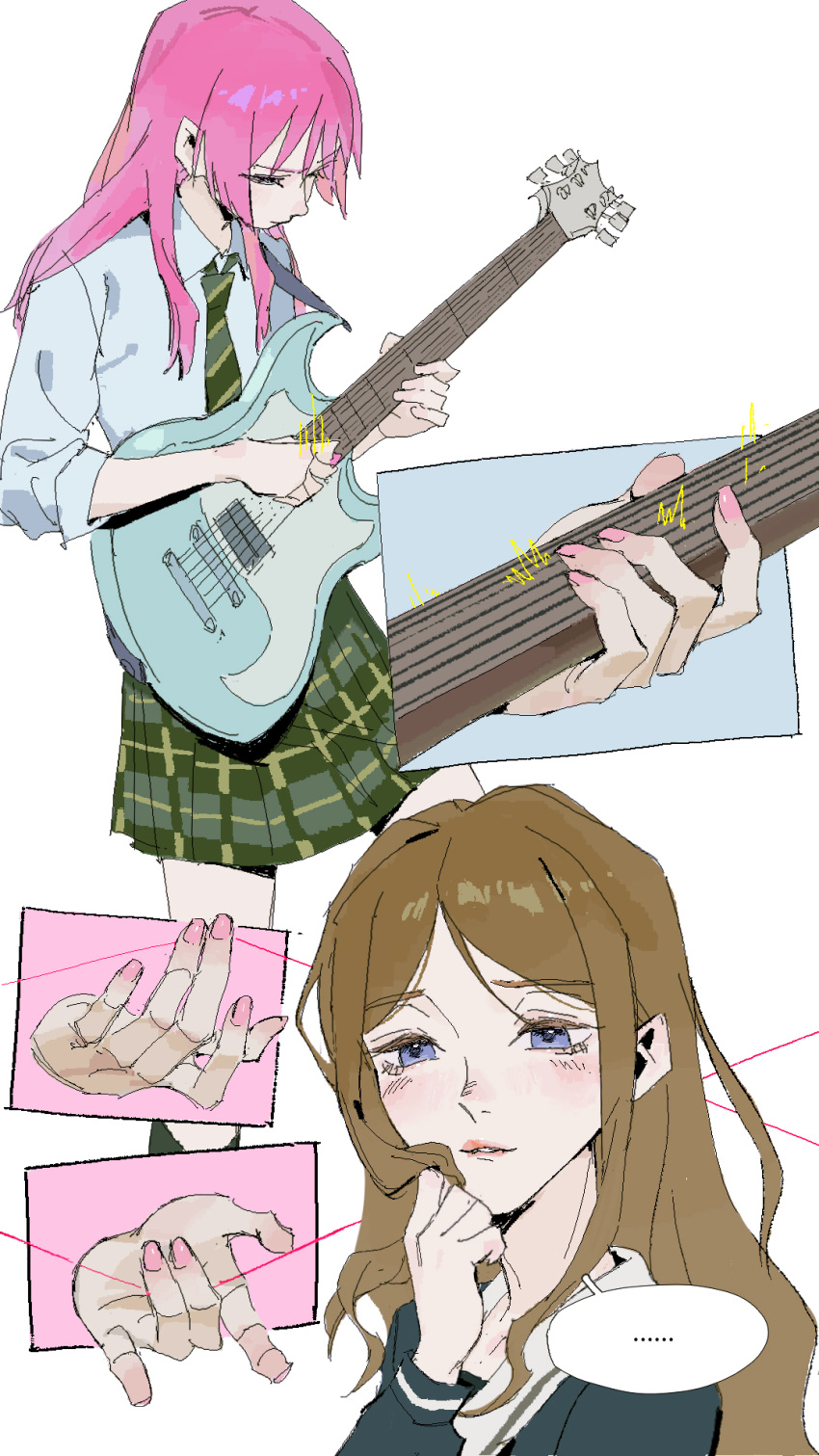 ... 2girls bang_dream! bang_dream!_it's_mygo!!!!! blue_eyes blue_shirt brown_hair chihaya_anon chinese_commentary citruz_29 closed_mouth collared_shirt commentary commentary_request diagonal-striped_clothes diagonal-striped_necktie electric_guitar green_necktie green_skirt guitar haneoka_school_uniform highres holding holding_guitar holding_instrument holding_own_hair holding_plectrum implied_yuri instrument long_hair long_sleeves multiple_girls nagasaki_soyo nail_polish necktie pink_hair pink_nails plaid_clothes plaid_skirt playing_guitar pleated_skirt plectrum school_uniform shirt sidelocks skirt sleeves_past_elbows spoken_ellipsis striped_clothes tsukinomori_school_uniform white_shirt